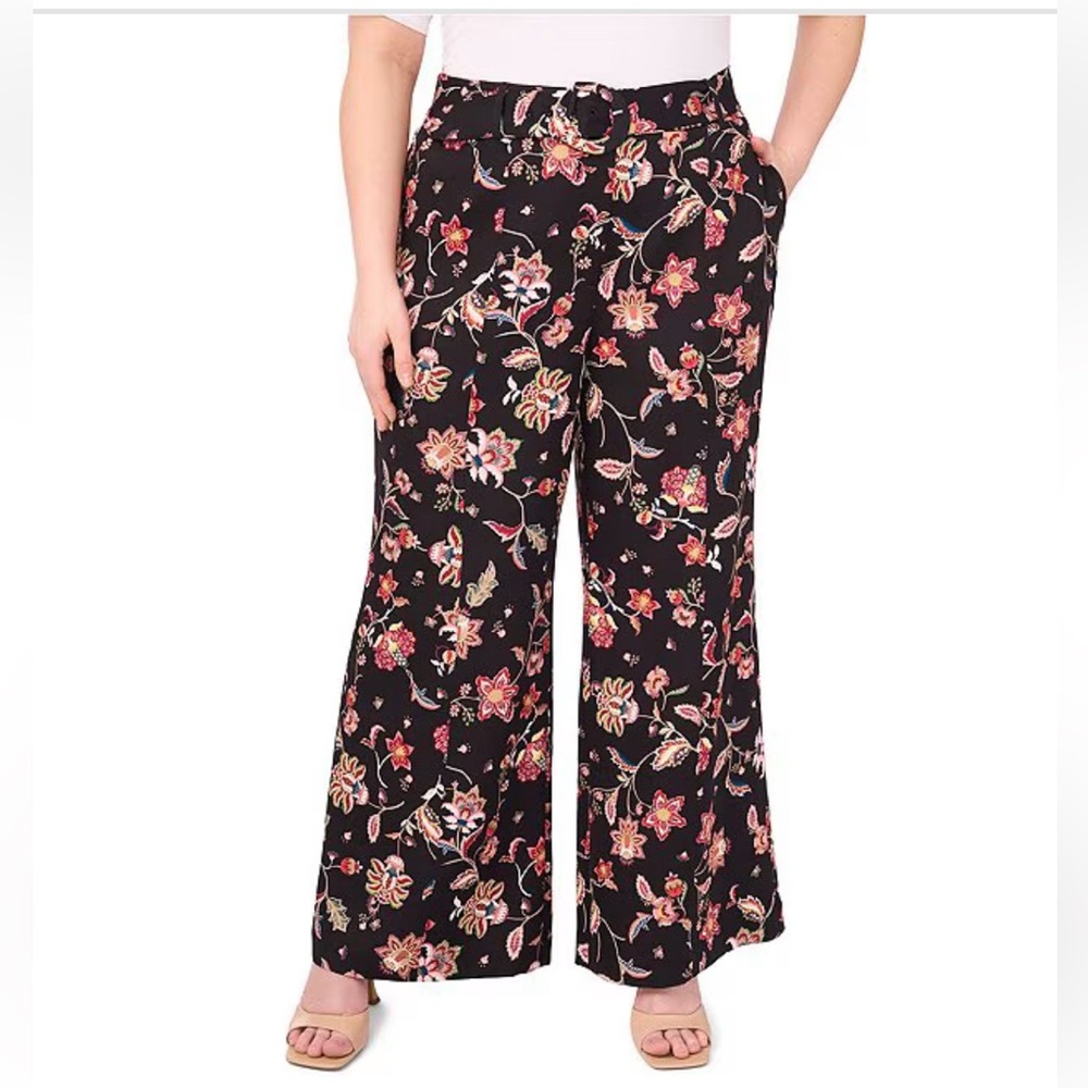 CeCe Black Floral Wide-Leg Palazzo Pants